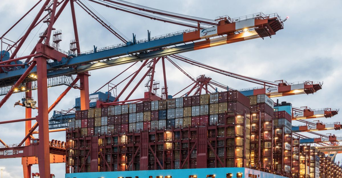 Containerschiff unter Containerbrücken in einem Hafen